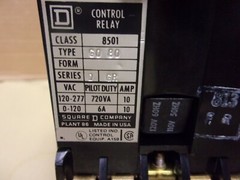 Square D 8501-GO80 Control Relay Series D 12-277V , 720VA , 10A , Coil 120V