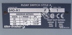 Surplus Pre-owned Allen Bradley 840-A1 /A Automatic Float Industrial Switch