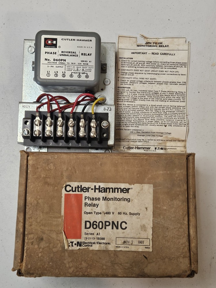 NEW Cutler-Hammer D60PNC Phase Monitoring Relay Series A1 Open Type 480V 60 Hz