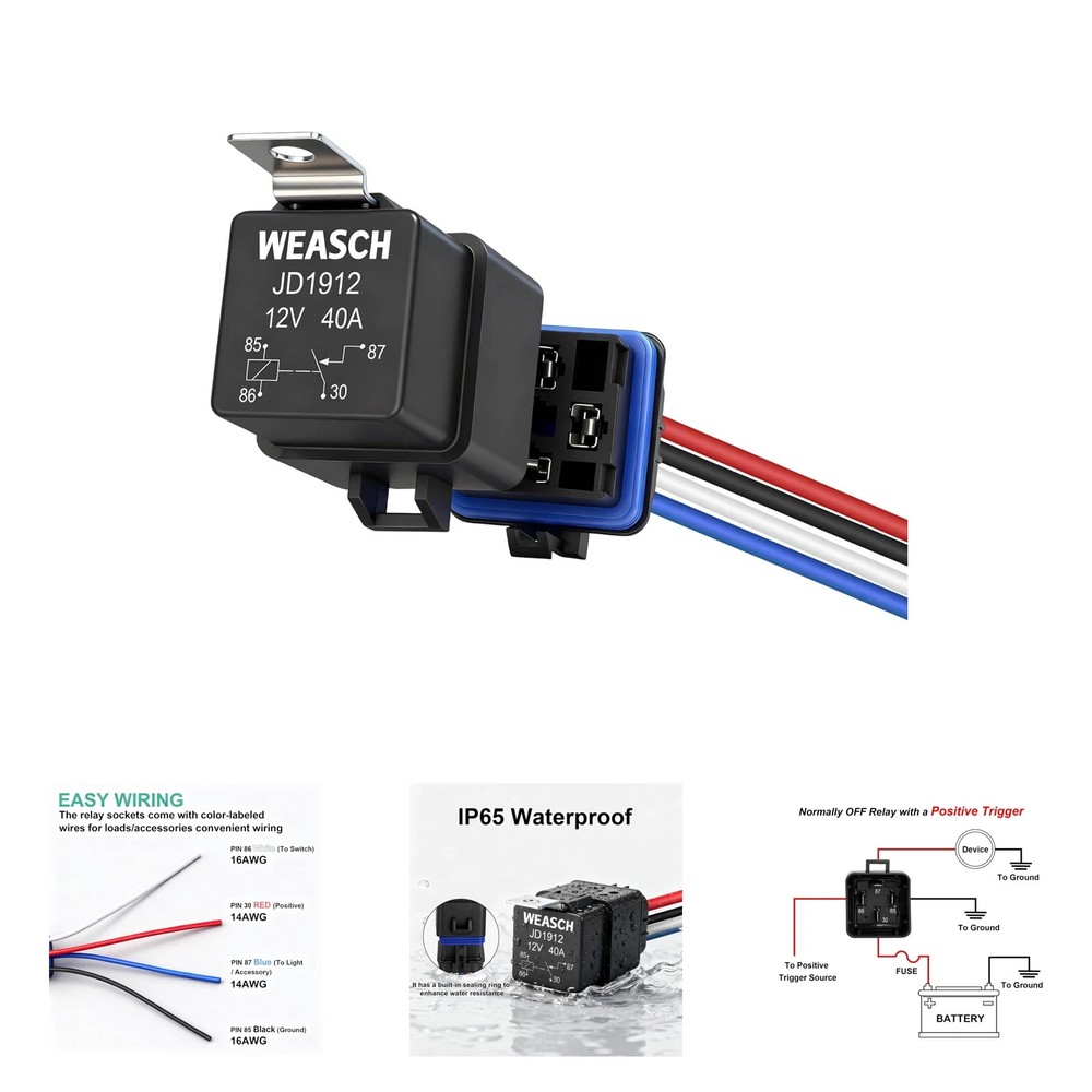 Waterproof Automotive Relay Kit 12V 40A 4 Pin SPST Heavy Duty 14 AWG Copper