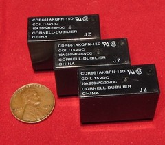 3 pc Cornell Dubilier 15V DC Coil Relay, SPST 10A, 250VAC, 30VDC CDR661AKQPN-15D