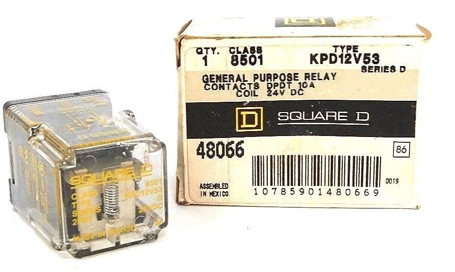 NIB SQUARE D 8501-KPD12V53 GENERAL PURPOSE RELAY 8501KPD12V53, SER. D, 24V DC