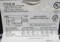 JOHNSON CONTROLS PRESSURE CONTROL P70JA-49 600 VAC 16 AMP 50/500 PSIG