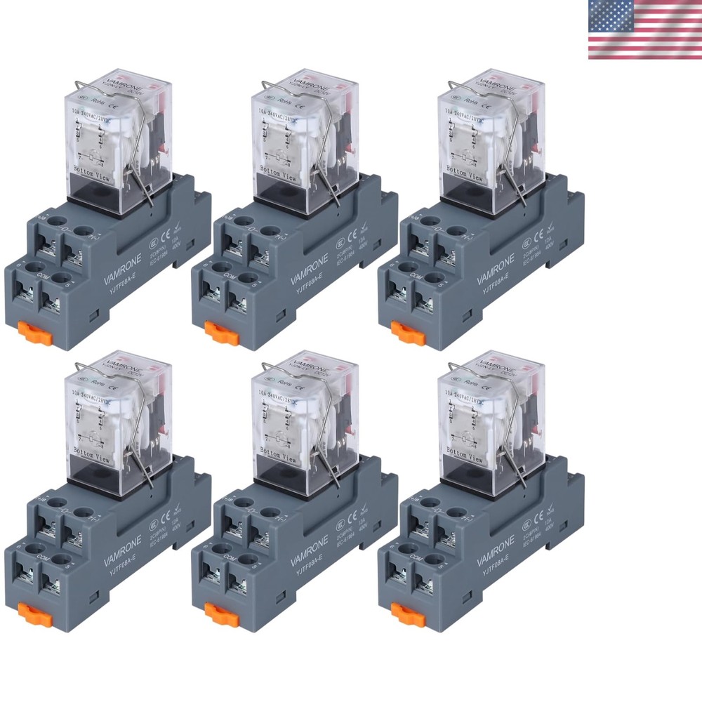 6PCS 10A Electromagnetic Relay Kit with 8-Pin Socket Base for DIN Rail Systems