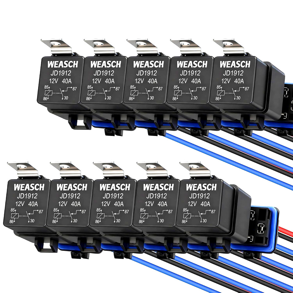 10 Pack Waterproof Relay Kit, 12V 40A, 4 Pin SPST, Heavy Duty 14 AWG Tinned