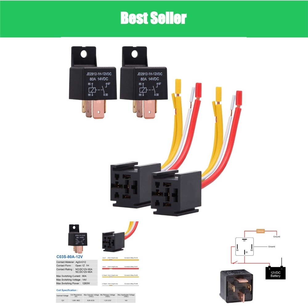 EHDIS 80A 12V Heavy Duty SPST Relay with Socket – Pack of 2