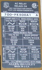 ALLEN BRADLEY CONTROL RELAY 20 AMP MODEL 700PK800A1