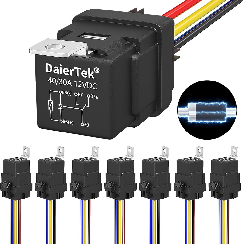 DaierTek 8 Pack 12V Relay with Built-in Diode & 12 AWG Harness Socket 30A/40A He