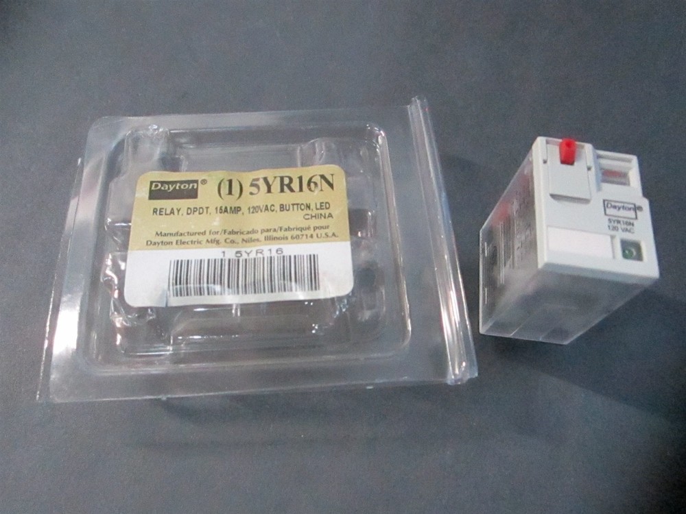 (5YR16) 120 Volt AC 50/60 Hz 15 Amp DPDT Push to Test LED Relay