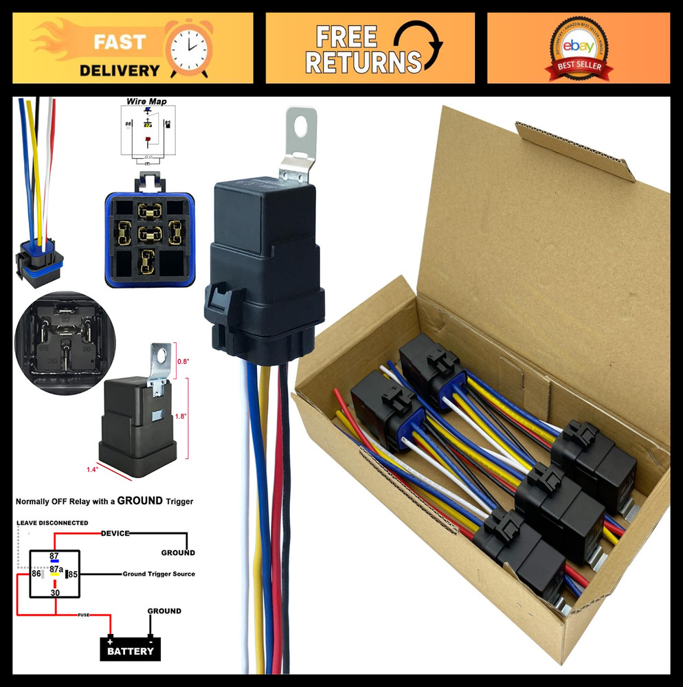 40/30AMP 12V Waterproof Relays with Diode, 5-Pin Automotive Relay Kit, 5 Pack