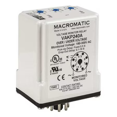 Macromatic Vakp012d Voltage Sensing Relay, Octal Base Type, 12V Dc, 8 Pins