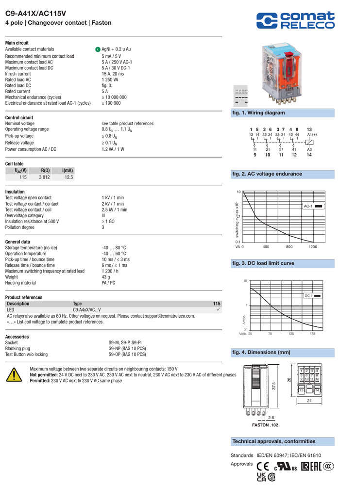 Comat Releco C9-A41X/AC115VP plug-in relay with LED, 4P, 14 blade, 120vac/vdc
