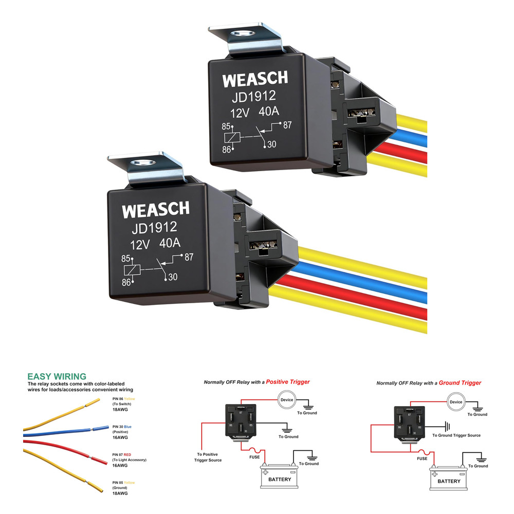 Car Relay Pack 12V 40A SPST 4Pin Automotive Switches and Starters with Wiring