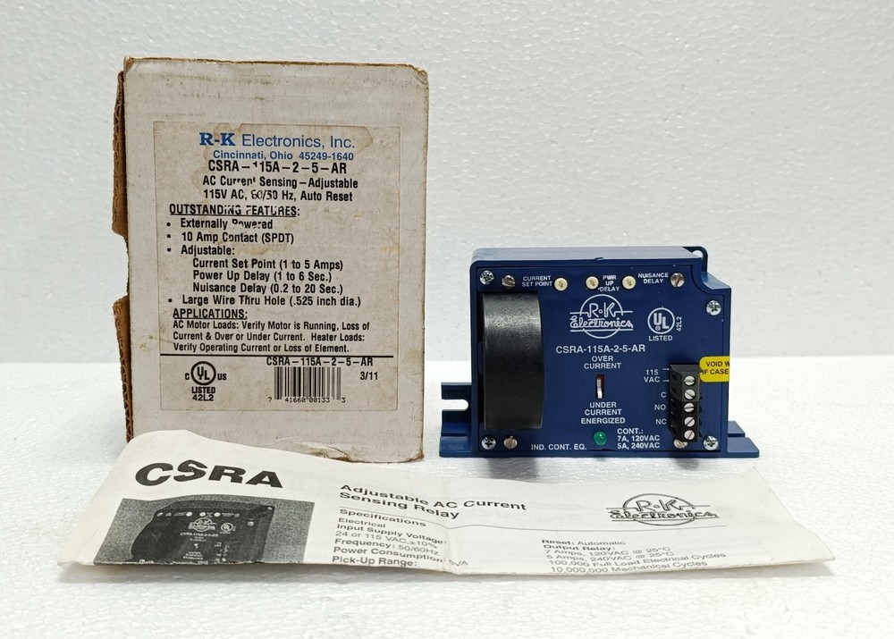R-K ELECTRONICS CSRA-115A-2-5-AR AC Current Sensing Relay 115V 1-5A New Surplus