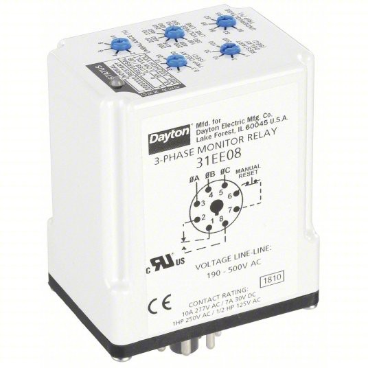 DAYTON PMPU-B18 Phase Monitor Relay,190-500VAC,Plug,SPDT 31EE08 GRAINGER