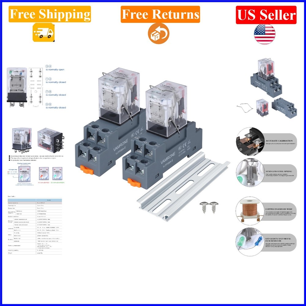 Electromagnetic Power Relay 8-Pin 10A 24V AC DPDT with LED, DIN Rail Mount, 2PCS