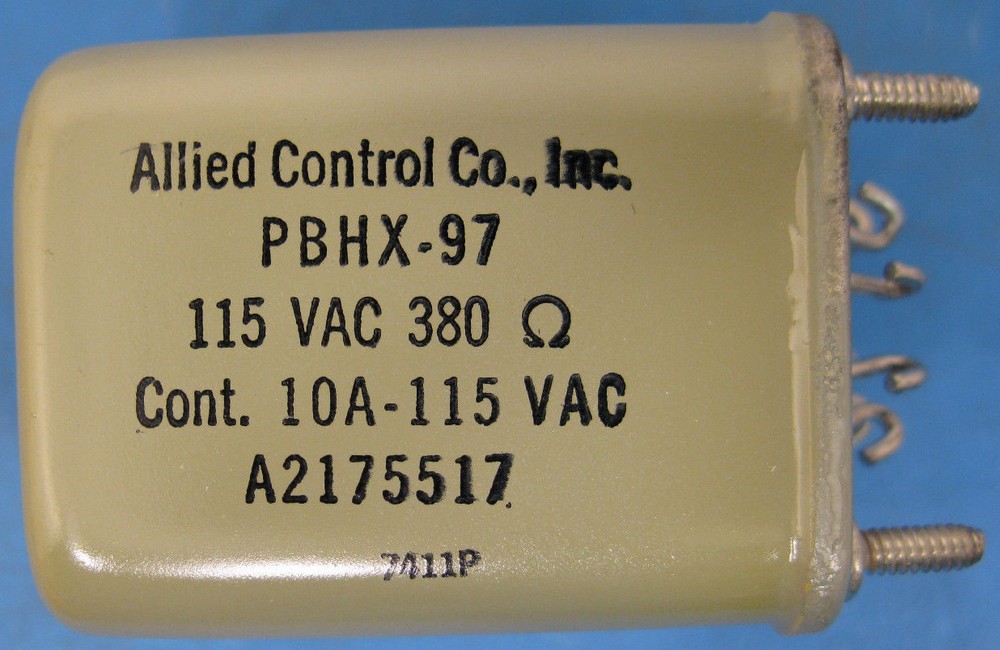 (1) ALLIED CONTROL RELAY PBHX-97 COIL = 110 VAC 380 Ohm, 10A 110 VAC CONT DPDT