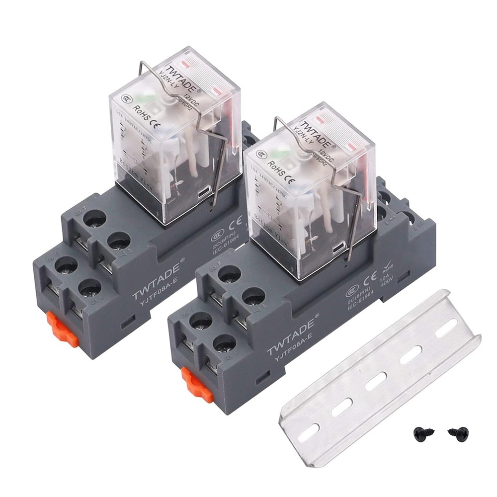2PCS DC 12V Electromagnetic Relay 10A 8 Pin DPDT with DIN Rail Socket