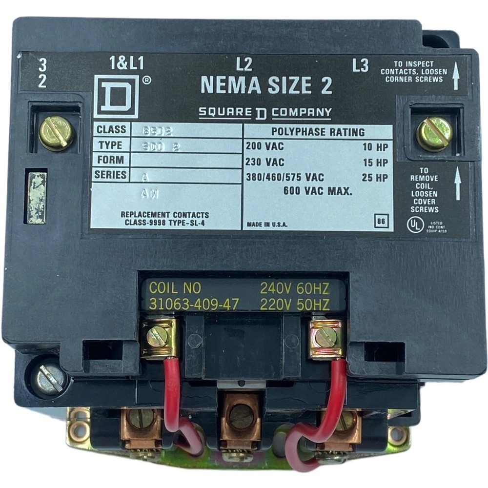 8502 SDO-2 Square D Size 2 Magnetic Contactor 240V/60Hz 220V/50Hz