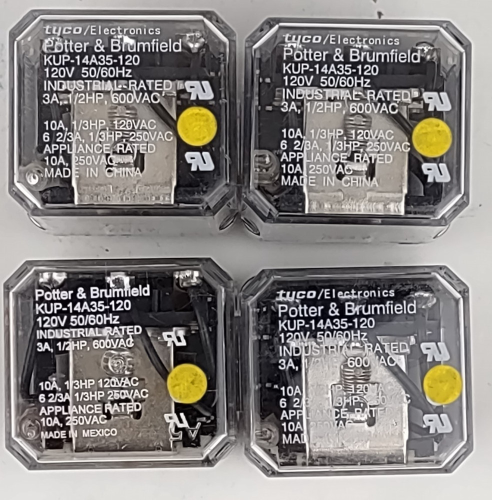 4 X Potter & Brumfield KUP-14A35-120 Relay, 120VAC Coil, 250VAC @ 10A, 1/2hp