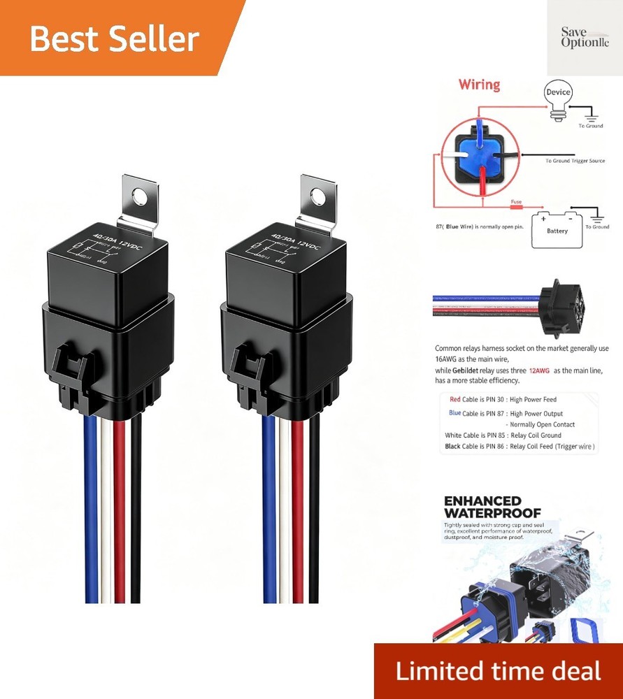 2pcs 40/30 Amp Waterproof Relay Switch 12AWG Harness Set with Built-in Diode-…