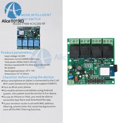 AC 220V 4-Channel WIFI Remote Control Relay Switch Module 433MHz Works with Tuya