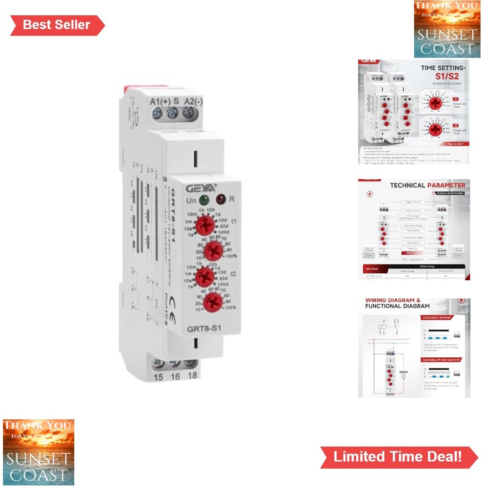 Asymmetric Cycle Timer 1SPDT Relay 16A AC/DC 12V-240V DIN Rail Mount LED