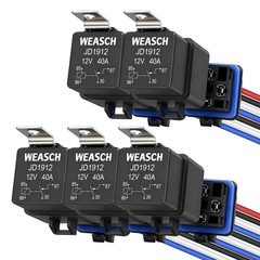 5 Pack Waterproof Relay Kit, 12V 40A, 4 Pin SPST, Heavy Duty 14 AWG Tinned