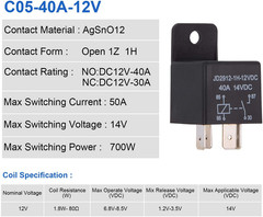 EHDIS Car Relay 4 Pin 12V 40Amp Spst Model No.: JD2912-1H-12VDC 40A 14VDC, Auto