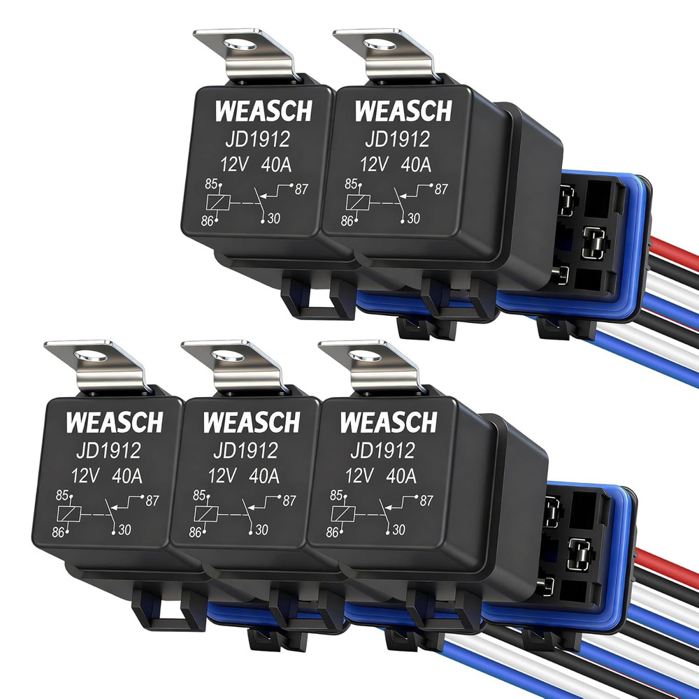 5 Pack Waterproof Relay Kit, 12V 40A, 4 Pin SPST, Heavy Duty 14 AWG Tinned
