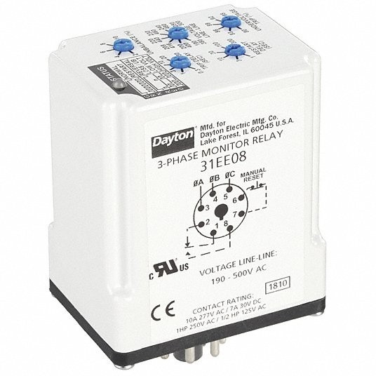 Dayton 31EE08 3-Phase Monitor Relay SPDT 8-pin Socket Base 190-500V 10A